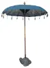 Product image 1 of the product “Bali umbrella, Blue 2 with wooden coins and gold leaves hanging around the edge. Approx. 190cm dia. and 250cm height ”